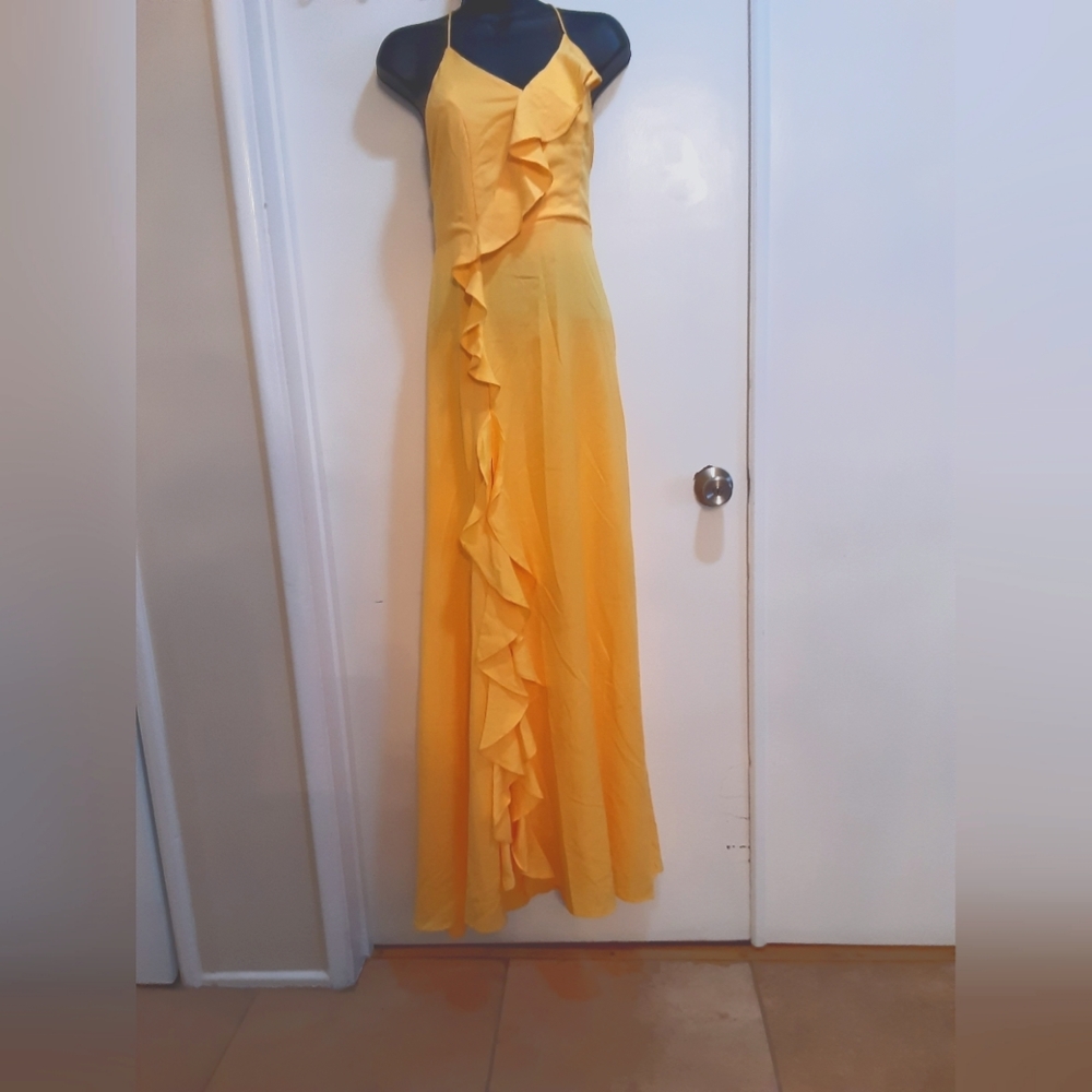 Yellow Romantic  Ruffle V Neck Front Slit Maxi Dress